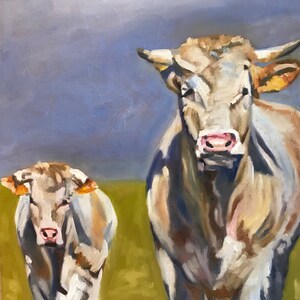 May include: A painting of two cows, one large and one small, walking towards the viewer. The larger cow is light brown with a white face and the smaller cow is white with a light brown face. The background is a blurry blue and green.