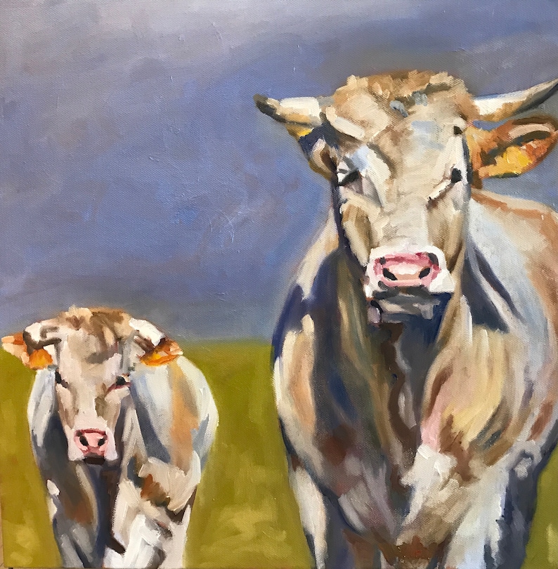 May include: A painting of two cows, one large and one small, walking towards the viewer. The larger cow is light brown with a white face and the smaller cow is white with a light brown face. The background is a blurry blue and green.