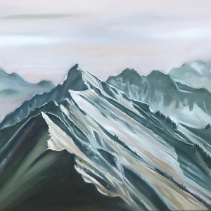 May include: A painting of a mountain range with snow-capped peaks. The mountains are painted in shades of green and white, with a hazy background.