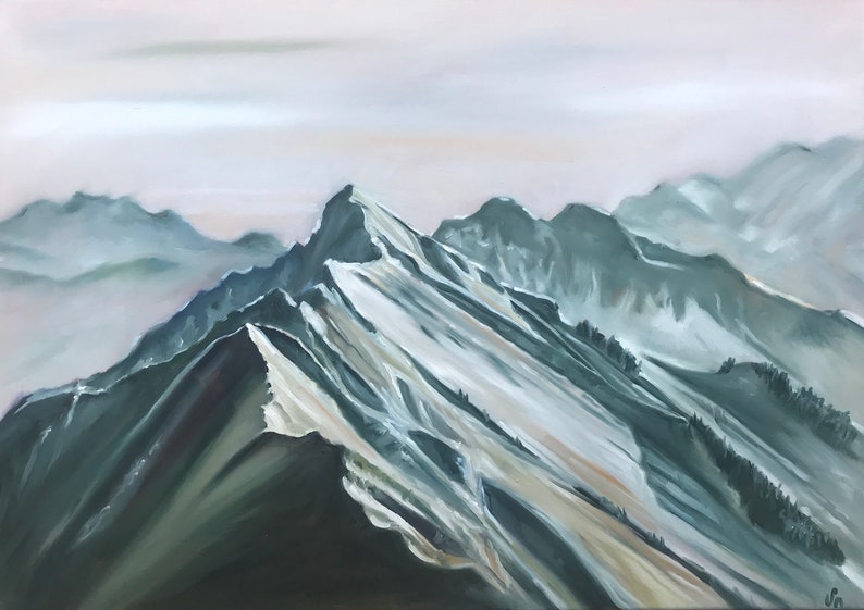 May include: A painting of a mountain range with snow-capped peaks. The mountains are painted in shades of green and white, with a hazy background.
