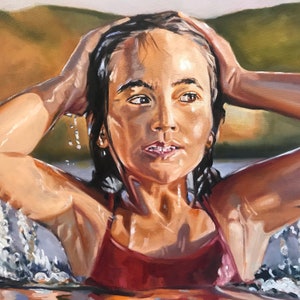 May include: A painting of a woman with dark hair, wearing a red tank top, with water droplets on her skin and hair. She is looking at the viewer with a thoughtful expression.