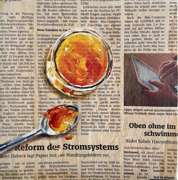 Zeitungskunst, Original Gemälde, Küche Bild, Ölfarbe