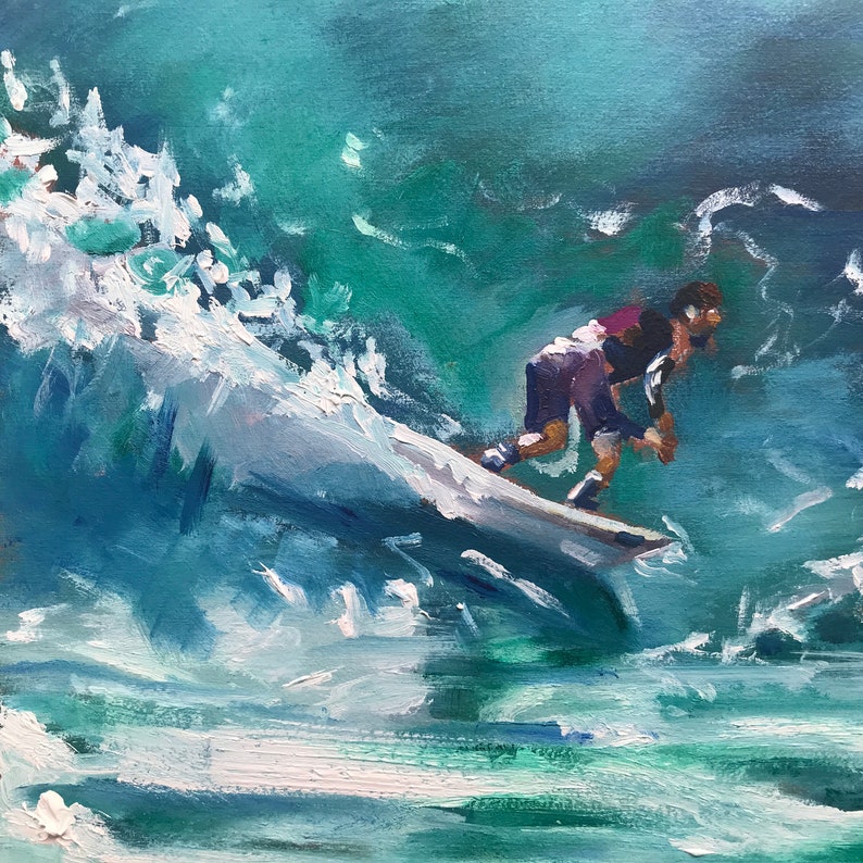 May include: A painting of a person surfing on a wave. The wave is a teal blue color and the person is wearing a purple shirt and black shorts. The person is riding a surfboard and is about to catch a wave.
