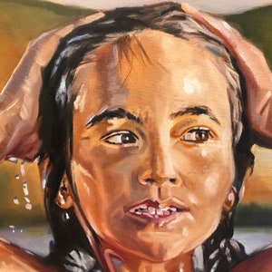 May include: A close-up portrait painting of a person with dark hair, brown eyes, and a light complexion. The person is looking to the right and has water dripping from their hair. The painting is done in a realistic style with visible brushstrokes.