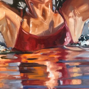 May include: A close-up of a painting depicting a person's torso and shoulders, wearing a red tank top, with their head submerged in water. The water is reflecting the colors of the tank top, creating a colorful abstract pattern.