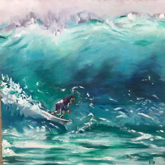 Ölgemälde "Surfer Welle", Ölfarbe auf MDF-Platte, Wasser, Meer, Surfen, Unikat, 25x25cm