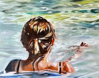 Modernes Ölgemälde, Original, "Sonnenbad", 25x25cm, Frau