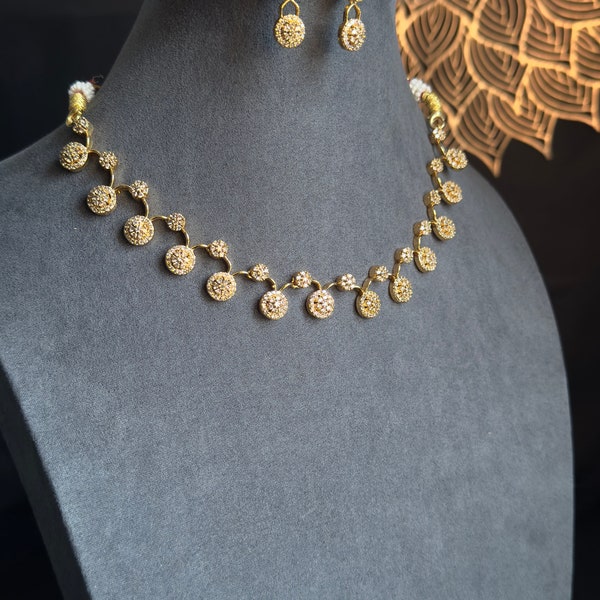 PANOPLY AD gold flower necklace set with drop earrings |south Indian jewelry/pakistani gold necklace/gold necklace/white AD necklace/