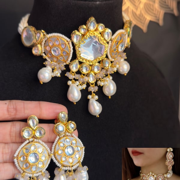 PANOPLY Encanto etéreo hecho a mano chapado en oro Kundan set/joyería Rajasthani/joyería paquistaní/collar kundan/joyería india para mujeres