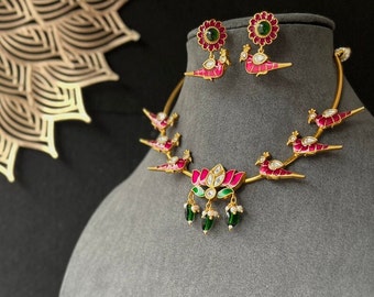 PANOPLY Peacock inspired Hasli tube hand painted Gold-Plated Choker/temple jewel/indian antique set/traditional jewel/indian jewellery