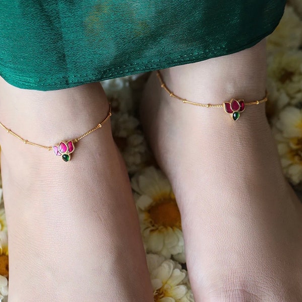 PANOPLY Silver gold plated lotus anklet Ankle Bracelet, lotus Anklet, Charm Anklet, Festival Anklet, Summer Anklet Adjustable  anklet