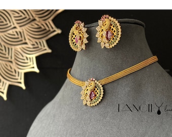 PANOPLY Indian Antique Peacock inspired Gold-Plated Choker Set/temple jewel/indian antique set/traditional jewel/indian jewellery