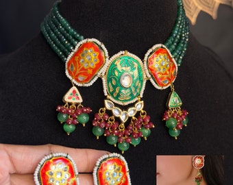 PANOPLY  Gold plating handmade pendant Kundan set/Rajasthani jewelery/pakistani jewellery/kundan necklace/indian jewellery for women