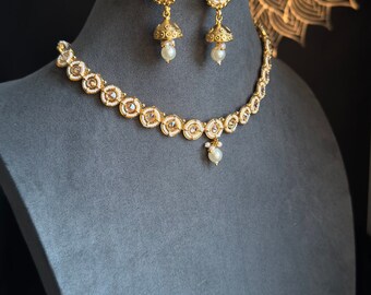 PANOPLY  Gold Matt rajwadi traditional choker Jewellery Set studded with pearl beads | Polki Bollywood jewelery/pakistani jewelry/indian