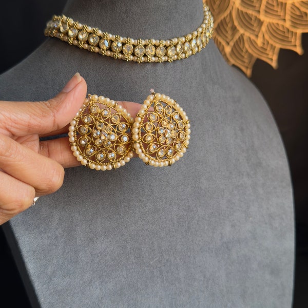 PANOPLY  Single line stone choker Necklace Jewellery Set for Women | Polki Kundan Choker, Bollywood jewellery, Pakistani jewelry