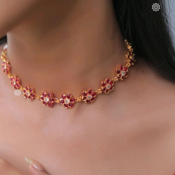 PANOPLY Handmade Gold-Plated Ruby Floral necklace set delicate |kemp necklace| dainty necklace/South Indian jewellery/temple jewellery
