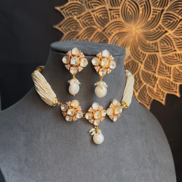 PANOPLY Cluster Gold plated polki and pearl choker set/Rajasthani jewelery/pakistani jewellery/kundan necklace/indian jewelry/polki jewelry