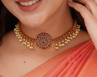 PANOPLY Divine Pure Kemp gargantilla de cuello alto /joyería del sur de la India/joya del templo/conjunto antiguo indio/joya tradicional/joyería india