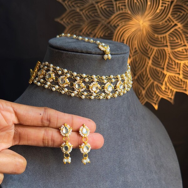 PANOPLY Dainty Gold plated polki and pearl choker set/Rajasthani jewelery/pakistani jewellery/kundan necklace/indian jewellery/polki jewelry