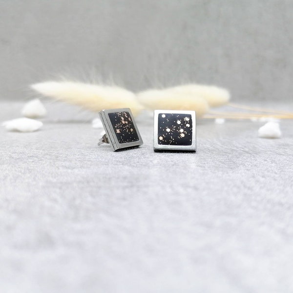 Concrete jewelry | Stud earrings | Stainless steel | black | gold | Studs | square | glitter | 13 mm