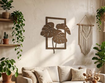Monsterabladväggkonst, trädekor med tropiska löv, stor träväggpanel, bohemisk botanisk dekor ovanför sängen, väggbonad med yogastudio