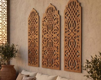 Marockansk väggpanel, islamisk väggdekor, 3-delad väggkonst, träaccentvägg, triptykväggkonst, helig geometri, ramadanväggdekor
