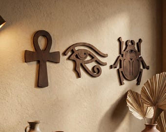 Egyptisk dekor, väggkonst med Horus öga, väggkonst med skarabé, väggbonad med Ankh, dekor med forntida Egypten, väggbonadset i trä, andlig väggkonst