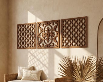 Marockansk väggkonst, islamisk väggdekor, väggkonst med 3 paneler, träväggpanel, geometrisk väggkonst, boho träväggkonst, ramadandekorpaneler