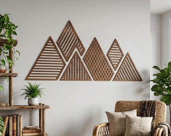 Bergsväggkonst, Trädekoration med berg, Sexdelad träväggpanel, Panoramautsikt över sängen, Minimalistisk stor träväggkonst för sovrum
