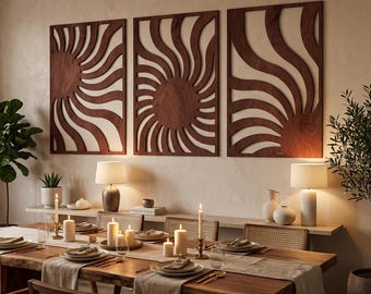 Bohemisk väggdekor, 3-delad väggkonst, Stor träväggkonst, Träväggpaneler, Triptykväggkonst, Bohemisk solväggkonst, Mitten av århundradet modern