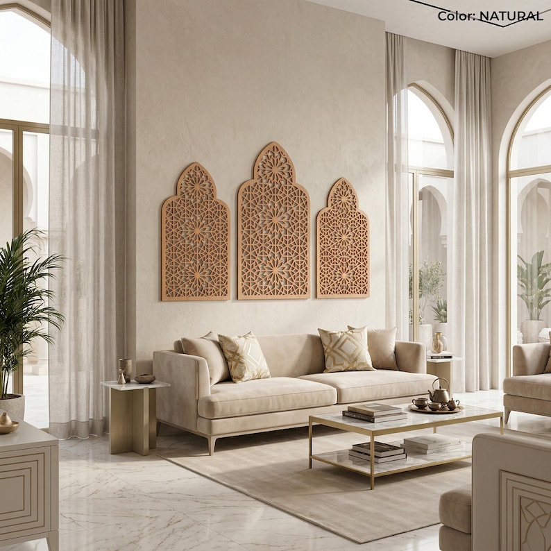 Marockansk väggpanel, islamisk väggdekor, marockansk träpanel, triptykväggkonst, 3-delad väggkonst, träaccentvägg, ramadanväggdekor bild 14