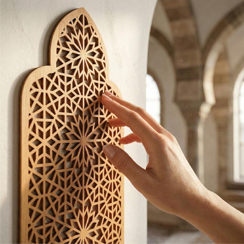 Marockansk väggpanel, islamisk väggdekor, marockansk träpanel, triptykväggkonst, 3-delad väggkonst, träaccentvägg, ramadanväggdekor bild 13