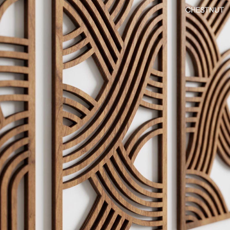 May include: Three wooden wall panels with a repeating wave-like design. The panels are a warm chestnut color and have a layered, three-dimensional effect. The word "CHESTNUT" is visible in the upper right corner. The panels are mounted on a white wall.