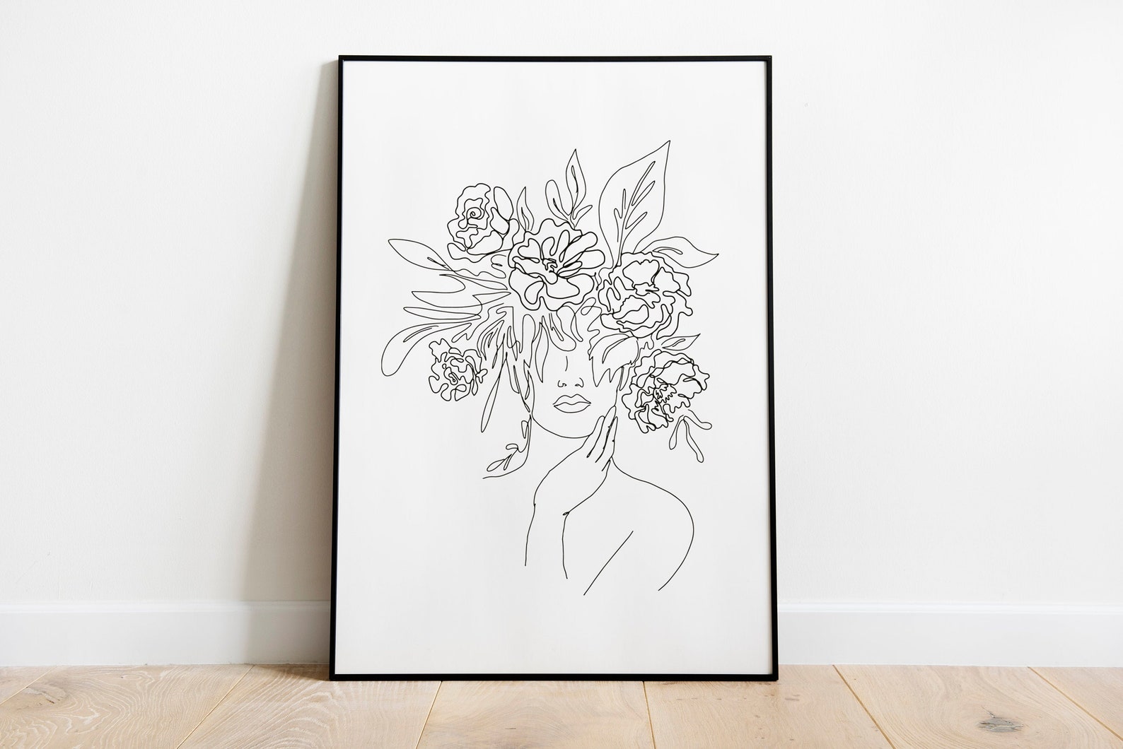 Dessin au trait femme face fleur, Visage avec des fleurs art,Dessin au