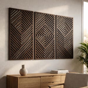 Tryptyk ścienny, geometryczna dekoracja ścienna z drewna, nowoczesny abstrakcyjny zestaw 3 paneli, sztuka japońska do sypialni, panele z drewna wenge, duży zestaw dekoracji ściennych