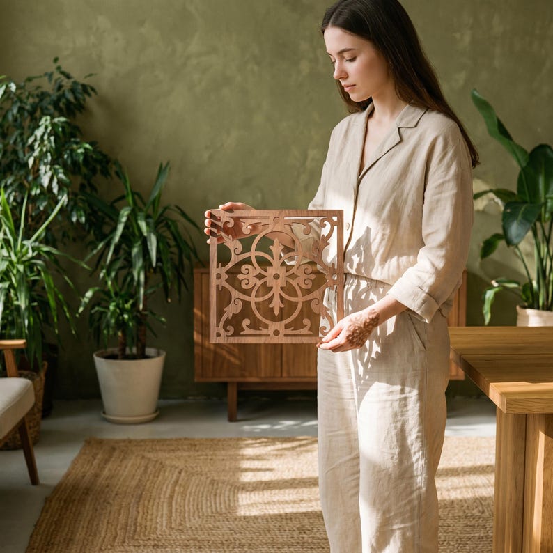 May include: A square, wooden decorative panel with an intricate, symmetrical cutout design. The panel is held in front of a person. The panel's color is a light brown. The background includes plants, a rug, and wooden furniture.