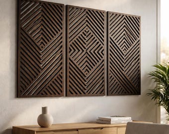 Triptykväggkonst, geometrisk träväggdekor, modern abstrakt 3-panelsset, japansk sovrumskonst, wengeträpaneler, stor väggkonstdekorationsset