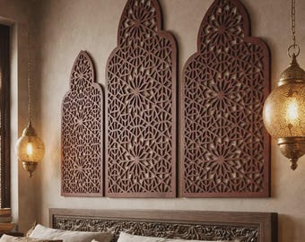 Marockansk väggpanel, islamisk väggdekor, marockansk träpanel, triptykväggkonst, 3-delad väggkonst, träaccentvägg, ramadanväggdekor