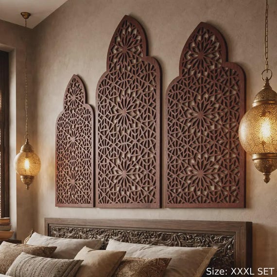 Moroccan Wall Panel, Islamic Wall Decor, Moroccan Wood Panel, Triptych Wall Art, 3 Piece Wall Art, Wood Accent Wall, Ramadan Wall Decor