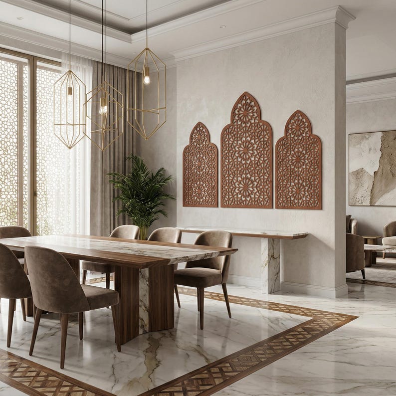 Marockansk väggpanel, islamisk väggdekor, marockansk träpanel, triptykväggkonst, 3-delad väggkonst, träaccentvägg, ramadanväggdekor bild 4