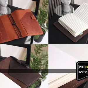 May include: A brown leather notebook cover with a flap and a pen holder. The cover is open to reveal a blank notebook with lined pages. The cover has a black elastic band to keep it closed. The image also includes a text overlay that says "PDF PATTERN + INSTRUCTION".