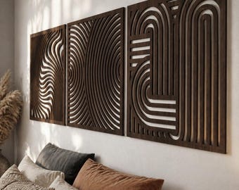 Abstrakt vågkonst, Japandi-väggkonst, Modern träväggkonst, Geometrisk väggdekor, Triptykväggkonst, Mitten av århundradet Modern, Träväggdekor