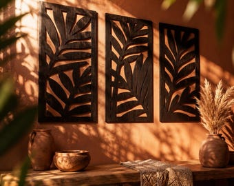 Träväggpaneler, Boho träväggkonst, Botanisk triptyk, 3-panels väggkonst, Tropiska lövkonst, Monsteraväggkonst, Dekor ovanför sängen