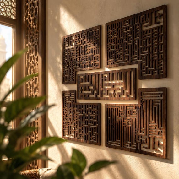 Islamic Wall Art, Arabic Calligraphy Wall Decor, Ayatul Kursi Wood Panel, Ramadan Decor, Muslim Gift, Moroccan Lattice Wood Panel Set
