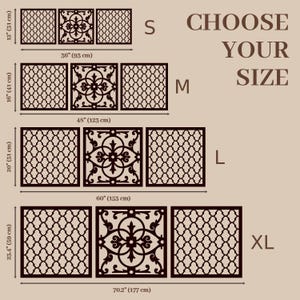 May include: Decorative wall panels in various sizes. Each panel set features a central ornate design flanked by two patterned panels. Sizes range from 12 inches (31 cm) to 23.4 inches (59 cm) in height, with widths up to 70.2 inches (177 cm). The text "CHOOSE YOUR SIZE" is displayed.