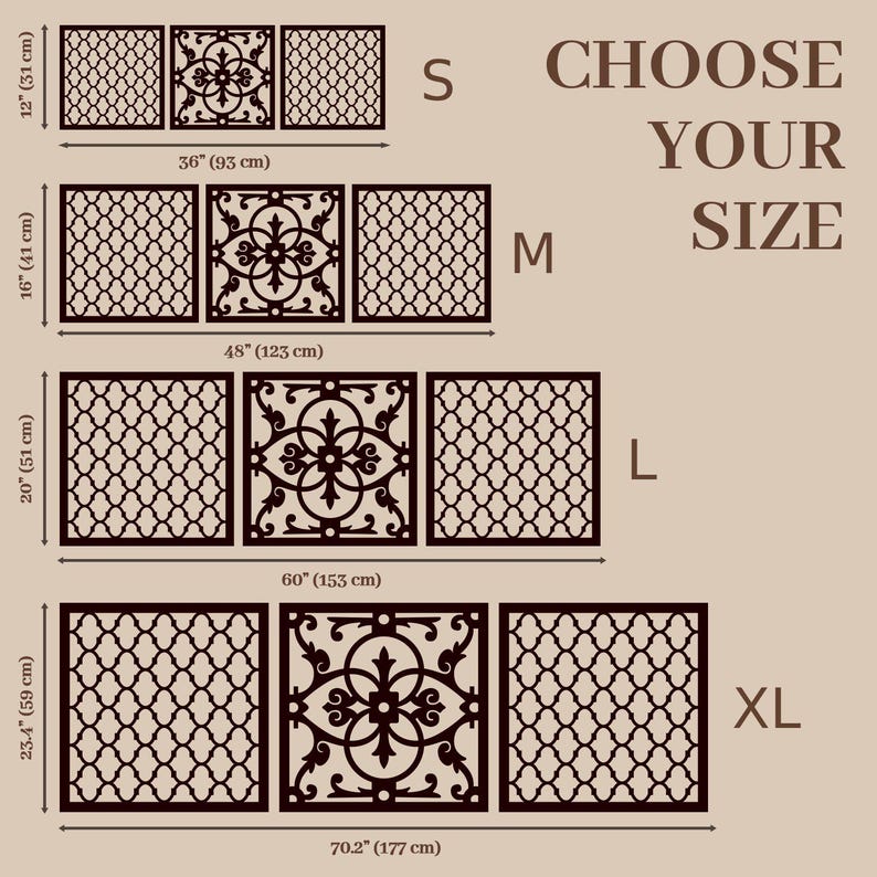 May include: Decorative wall panels in various sizes. Each panel set features a central ornate design flanked by two patterned panels. Sizes range from 12 inches (31 cm) to 23.4 inches (59 cm) in height, with widths up to 70.2 inches (177 cm). The text "CHOOSE YOUR SIZE" is displayed.