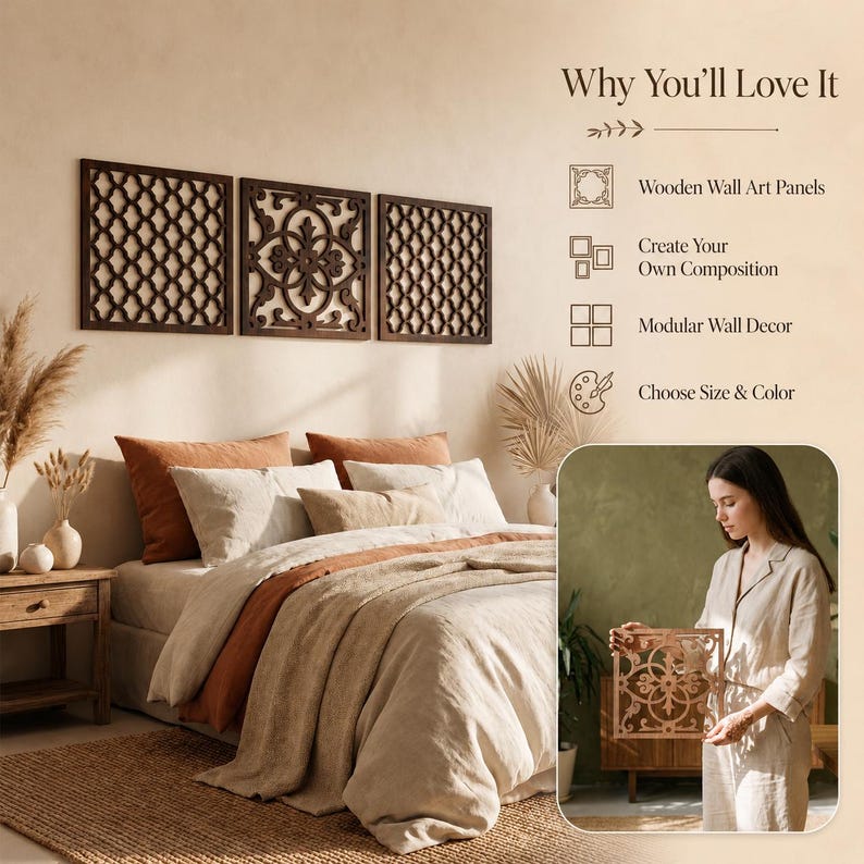 May include: Three dark brown wooden wall art panels with intricate geometric and floral designs are displayed above a bed with neutral-toned bedding. The image also shows text that says "Why You'll Love It" and lists features like "Wooden Wall Art Panels".