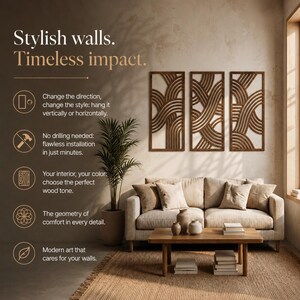 May include: Three wooden wall art panels with a woven design in a warm brown hue. The panels are rectangular and mounted on a neutral background. The image also features a sofa, coffee table, and text that reads "Stylish walls. Timeless impact."