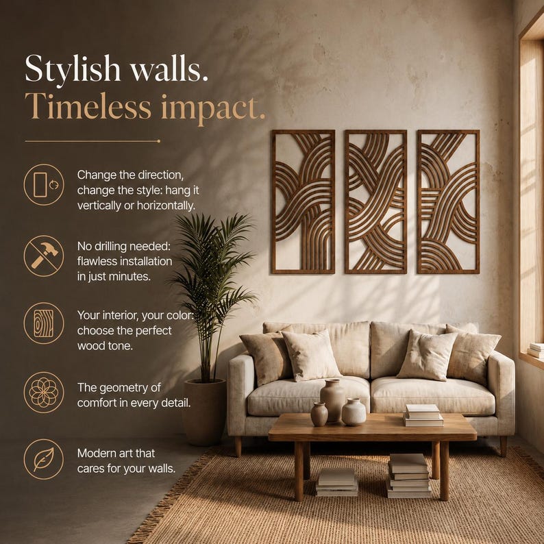 May include: Three wooden wall art panels with a woven design in a warm brown hue. The panels are rectangular and mounted on a neutral background. The image also features a sofa, coffee table, and text that reads "Stylish walls. Timeless impact."