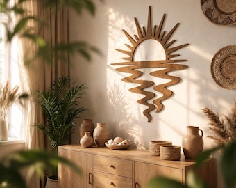 Solskensväggkonst, Boho solväggkonst, Träväggpaneler, Abstrakt solkonst, Solväggbonad, Boho väggdekor, Träsolnedgångsväggdekor